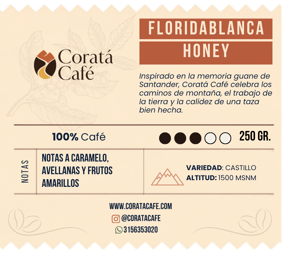 Etiqueta Coratá Floridablanca Honey de 250 gramos