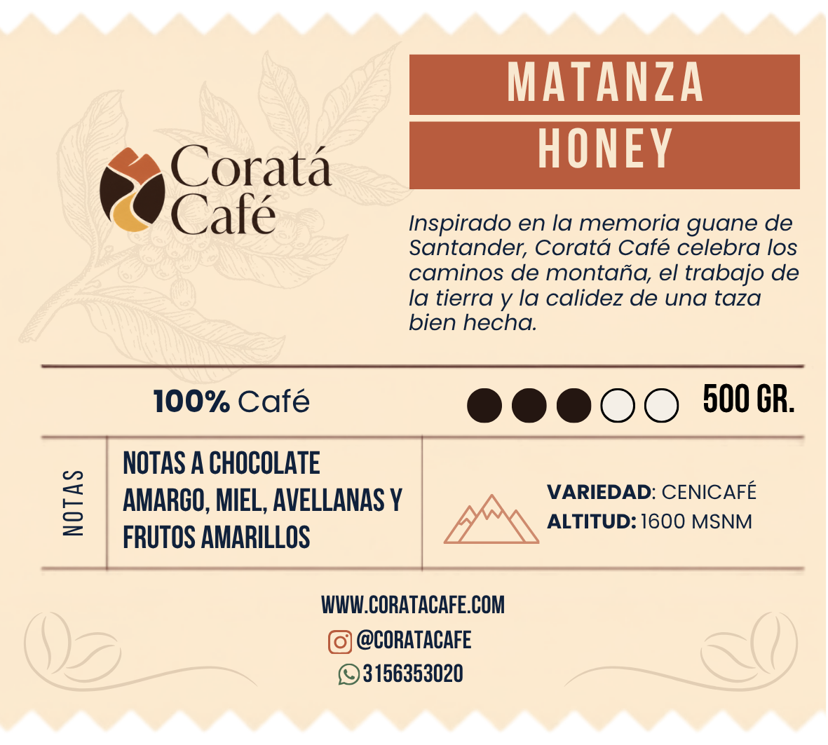 Etiqueta Coratá Matanza Honey de 500 gramos